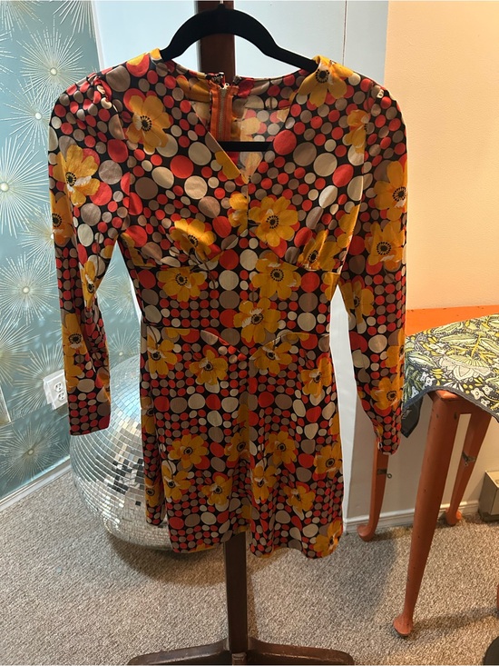 Dresses & Skirts - Retro Floral Polka Dot Long Sleeve Mini Dress - Yellow & Red